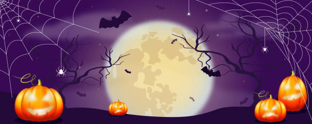 Happy halloween background dark night full moon with pumpkin and tree, bats.