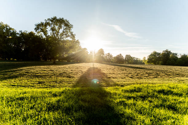 istock Low sun shines over a hilly landscape 1763529090