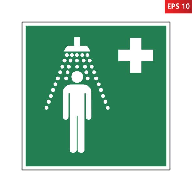 안전 샤워 표지판. 화학 물질에 대한 사고 노출 기호. - contamination meter stock illustrations