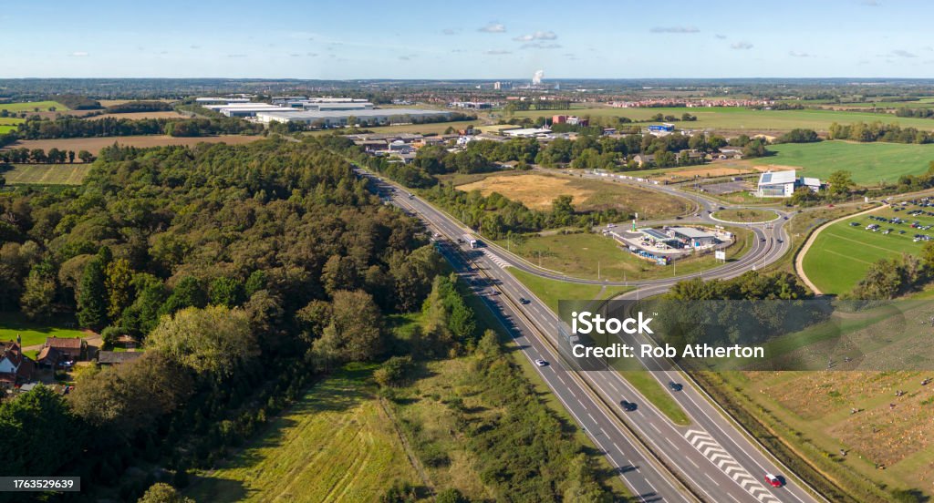 An aerial view of Junction 45 of the A14 near Rougham in Suffolk, UK Above Stock Photo