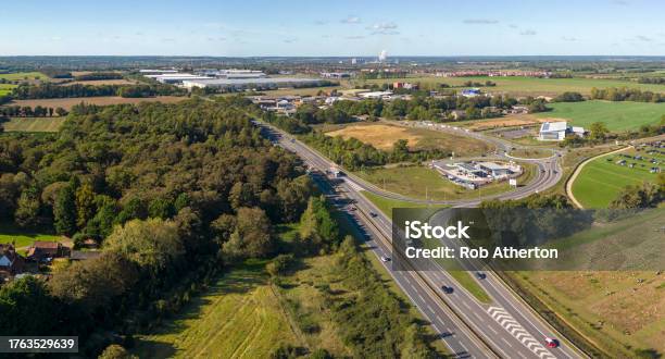 An Aerial View Of Junction 45 Of The A14 Near Rougham In Suffolk Uk Stock Photo - Download Image Now