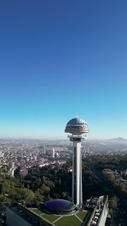 Aerial Drone View Atakule Tower, Capital City Ankara, Turkey