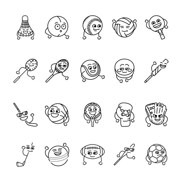 Funny cute happy sports equipment black line icons set Funny cute happy sports equipment black line icons set. Kawaii character illustration table tennis funny stock illustrations