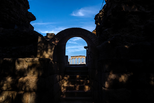 One of the arched entrances that leads by stairs to the stands and the old stage of the Roman Theater of the ruins and archaeological complex of Mérida.