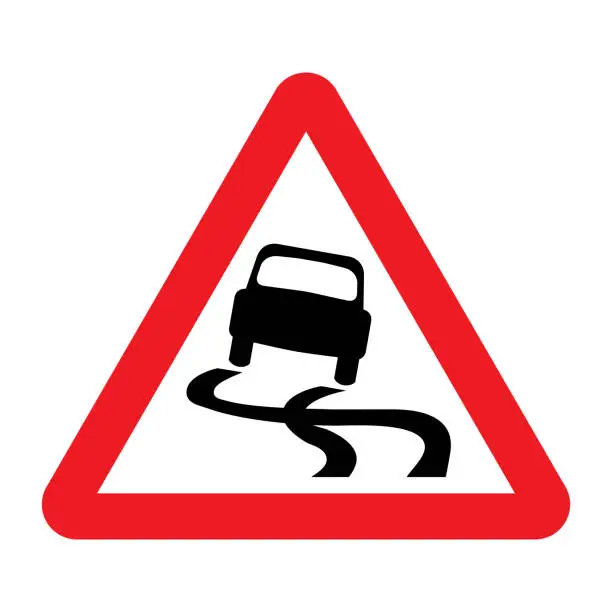Vector illustration of Slippery road traffic sign. Skid risk symbol.