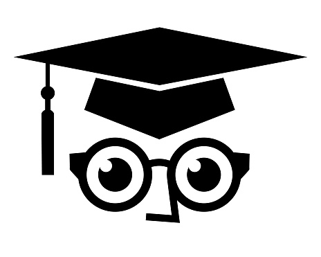 Vector illustration of a face wearing eyeglasses and a graduation cap.