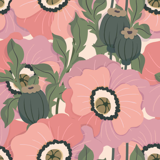 бесшовный цветочный узор с крупными цветами мака в стиле ретро. векторная иллюстрация. - stem poppy fragility flower stock illustrations
