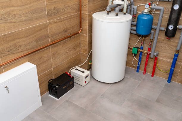 istock Modern gas boiler room lined with ceramic tiles imitating wood, visible emergency power supply with a 12 volt battery. 1763584113