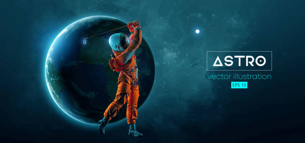 istock Abstract silhouette of a golf player in space action and Earth, Mars, planets on the background of the space. Golfer astronaut man hits the ball. Vector illustration 1763593722