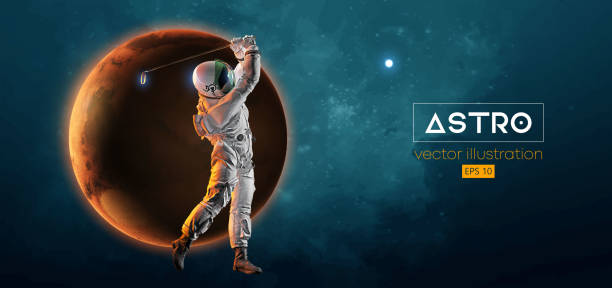 istock Abstract silhouette of a golf player in space action and Earth, Mars, planets on the background of the space. Golfer astronaut man hits the ball. Vector illustration 1763593726