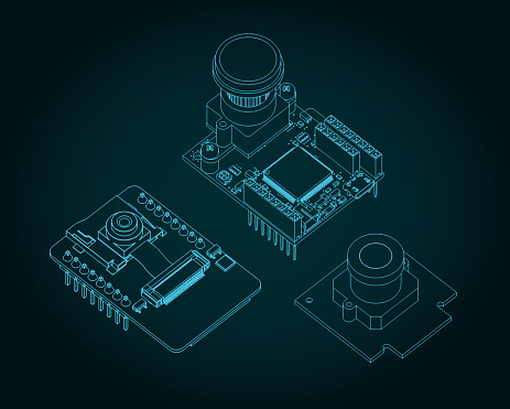 Stylized vector illustrations of drawings of different camera modules on circuit boards