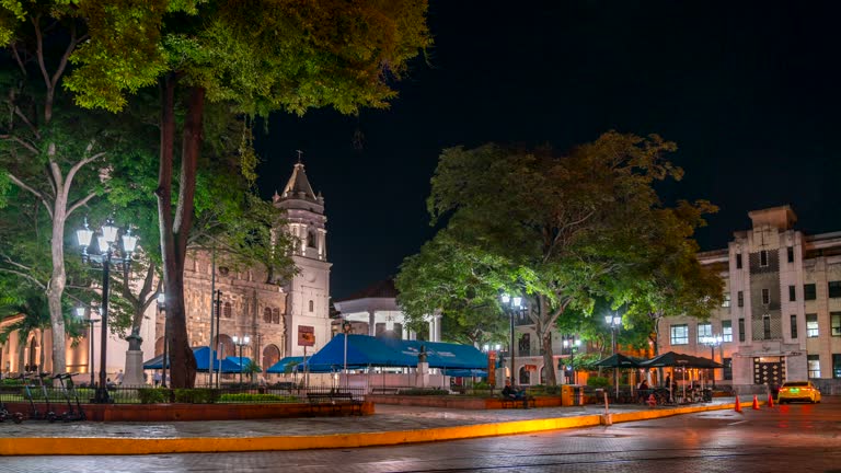 Night time lapse of Square and Church in Old Town Panama City