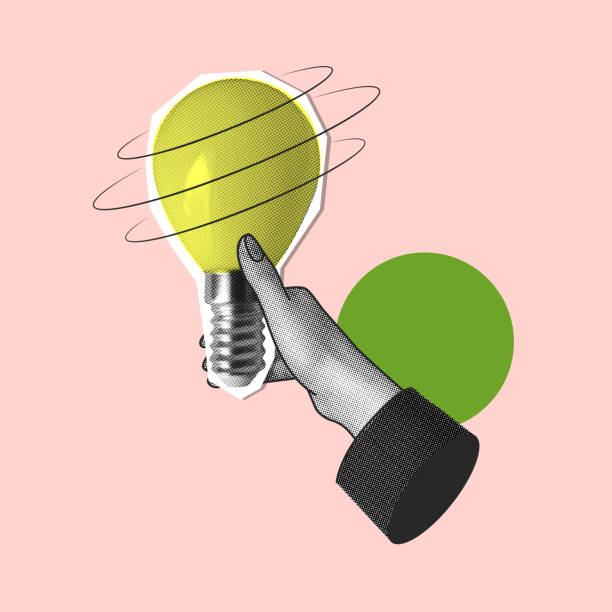 Hand holding light bulb. Idea concept. Modern collage. Halftone design elements cut from newspaper. Inspiration. Creative thinking in business. Scientific discoveries. Successful learning. Brainstorm