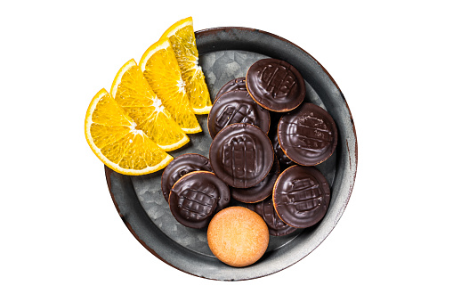 Orange Flavored Round Jaffa Cakes with Chocolate.  Isolated on white background