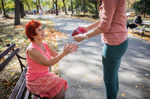 Cute, smiling senior woman with red hair, is sitting on the bench in the public park. Her daughter is standing in front of her and giving her a gift. The love between mother and daughter.