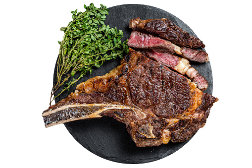 Roasted Tomahawk or cowboy with bone beef meat steak.  Isolated on white background