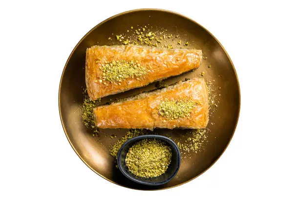 Carrot Slice Baklava, Turkish Havuc Dilim Baklava with pistachio.  Isolated on white background