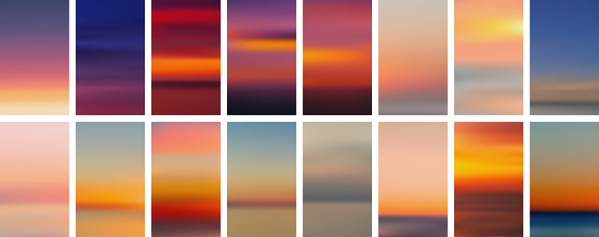 Set of colorful sunset and sunrise sea banners. Abstract blurred textured gradient mesh color backgrounds. Made for invitation, webpages, apps, party flyer, simple web design. Vector illustration.