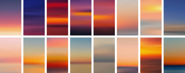 Set of colorful sunset and sunrise sea banners. Abstract blurred textured gradient mesh color backgrounds. Set of colorful sunset and sunrise sea banners. Abstract blurred textured gradient mesh color backgrounds. Made for invitation, webpages, apps, party flyer, simple web design. Vector illustration. purple and orange gradient background stock illustrations