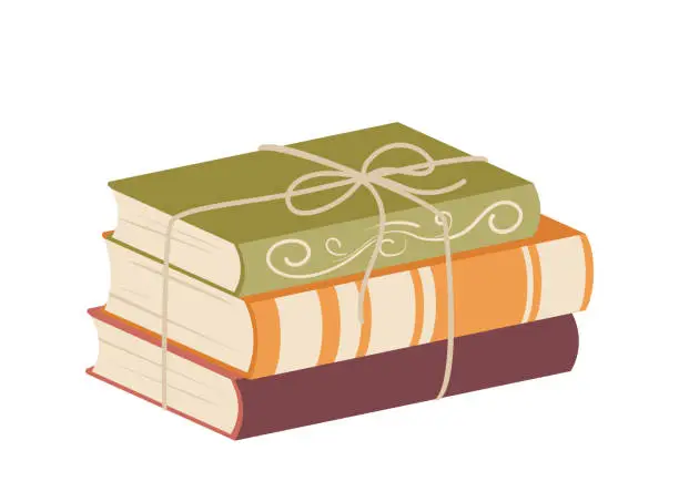 Vector illustration of Isolated stack of books, classical literature, short stories in hardcover tied with thread for gift