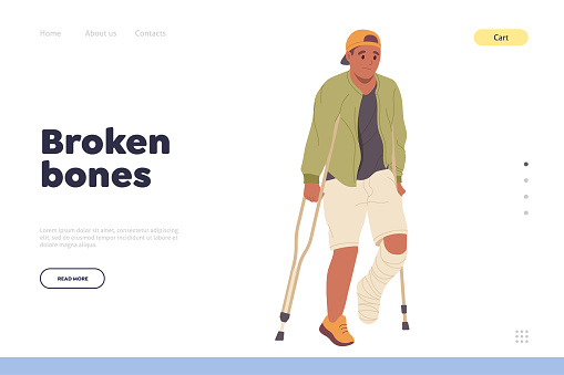 Broken bones headline for landing page design template advertising traumatologist consultation online for patient. Website vector illustration with sad man character on crutches with fractured leg