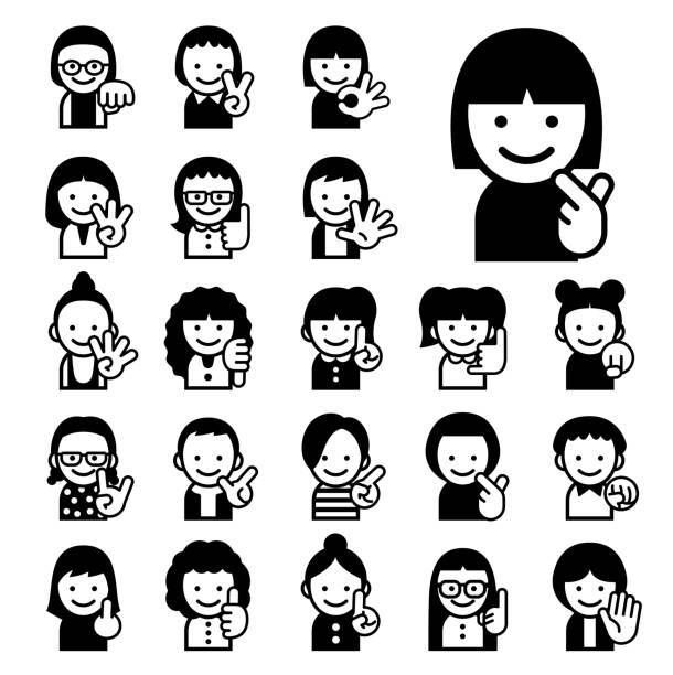 Women's icon hand sign set, vector illustration people face icon set par stock illustrations