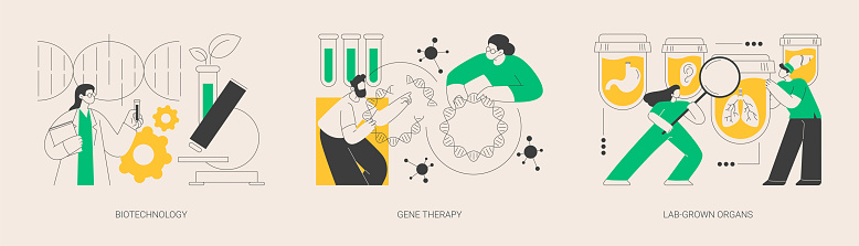 Bioengineering industry abstract concept vector illustration set. Biotechnology, gene therapy, lab-grown organs, stem cells, laboratory research, genetic cancer treatment abstract metaphor.