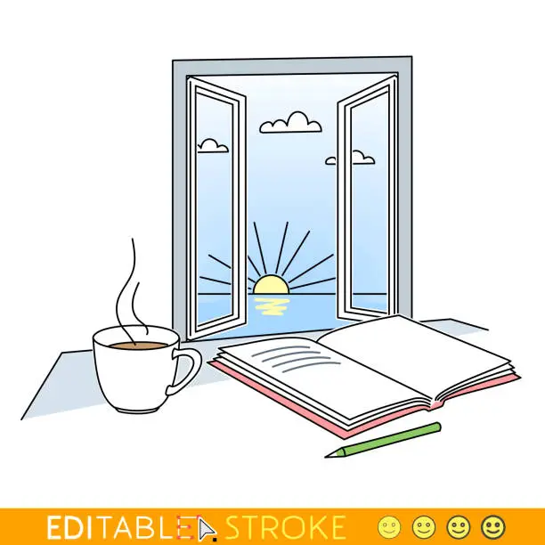 Vector illustration of Open notebook with a pen and a cup of coffee on the table in the room with a sunrise sea view in the open window as the background. Freelance author blog concept. Sketch vector with editable stroke