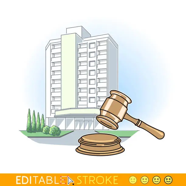 Vector illustration of Gavel or Judge hammer in front of residential buildings. Real estate concept. Paperwork for mortgage or tenement. Sketch vector with editable stroke