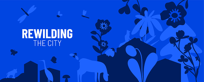 Rewilding vector illustration. Monotone banner with oversized flowers, deer, birds and insects in town. Revitalising degraded environments. Sustaining ecosystems and protecting nature.