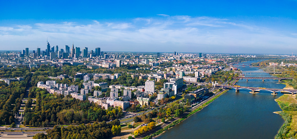 Arial view of downtown Warsaw with Vistula river Poland