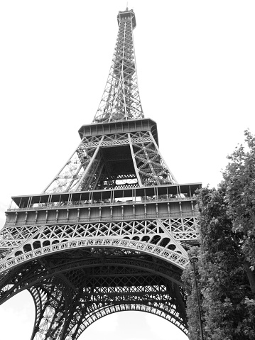 Paris, France – May 25, 2022: A vertical grayscale of the Eiffel Tower reflecting on the ground, France, Paris