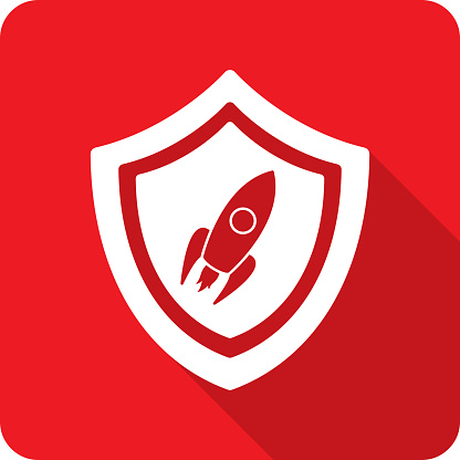 Vector illustration of a shield with rocket ship icon against a red background in flat style.