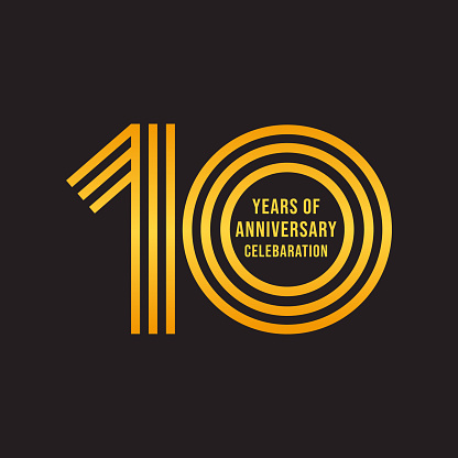 10 year anniversary gold color logo on black background. 10 years anniversary celebration event, invitation card, greeting card, banner, poster, flyer. 10th anniversary template design.