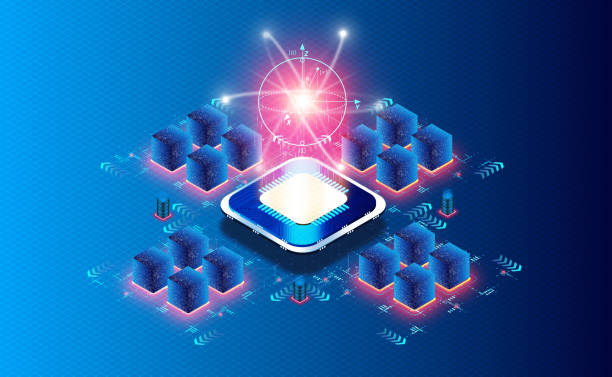 illustrazioni stock, clip art, cartoni animati e icone di tendenza di concetto di unità di elaborazione quantistica - qpu - illustrazione 3d - blueprint electrical component engineer plan