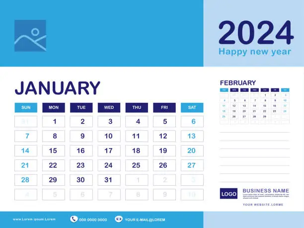 Vector illustration of January 2024 year, Calendar planner 2024 and Set of 12 Months, week start on Sunday. Desk calendar 2024 design, simple, Wall calendar, Corporate design planner template vector, blue background