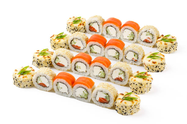 istock large appetizing set of rolls: eel and pear, phyllo roll with shrimp, mango phyllo roll for food delivery site 4 1763869529