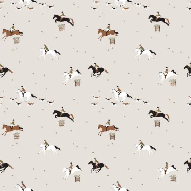 Vector illustration of Seamless vector pattern, on the theme of hunting on horseback, riders riding and overcome obstacles accompanied by dogs