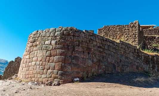 Pisac Inca ruins panorama with traditional inca wall, Pisac, Cusco, Peru.
