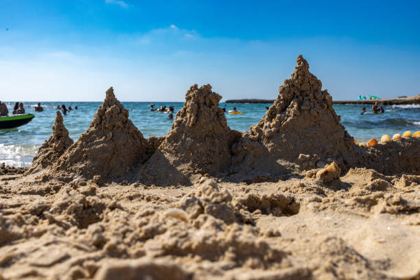 Zichron Yaakov Israel September 07, 2023; Sandcastles at Dor Habonim beach - one of the top 10 most beautiful beaches in north Israel