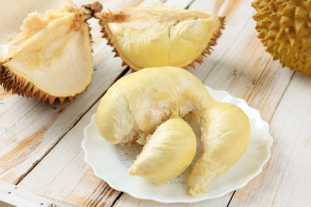 Durian the King of Fruit, Gold Fruit, Yellow Tropical Fruits. stock photo