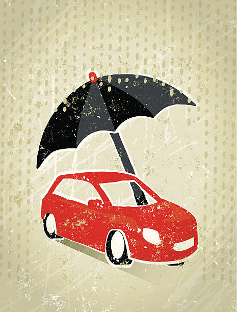 vorgelegten versicherung-regenschirm schützen ein auto bei regen - motoring stock-grafiken, -clipart, -cartoons und -symbole