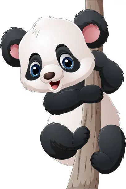 Vector illustration of Cartoon little panda on tree branch