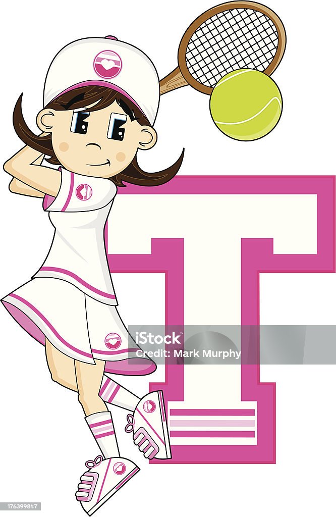 Tennis ragazza di apprendimento Lettera T - arte vettoriale royalty-free di Abbigliamento casual