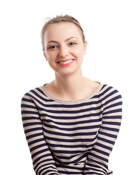 istock Young blond woman portraits on white background - striped pullover 176400104