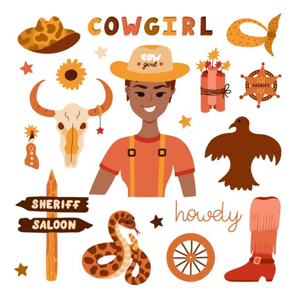 großes cowgirl-set im trendigen flachen stil. handgezeichnete einfache vektorillustration mit westernstiefeln, hut, schlange, kaktus, stierschädel, sheriff-abzeichenstern. cowboy-thema mit symbolen von texas und dem wilden westen - sheriff star skull and crossbones west stock-grafiken, -clipart, -cartoons und -symbole