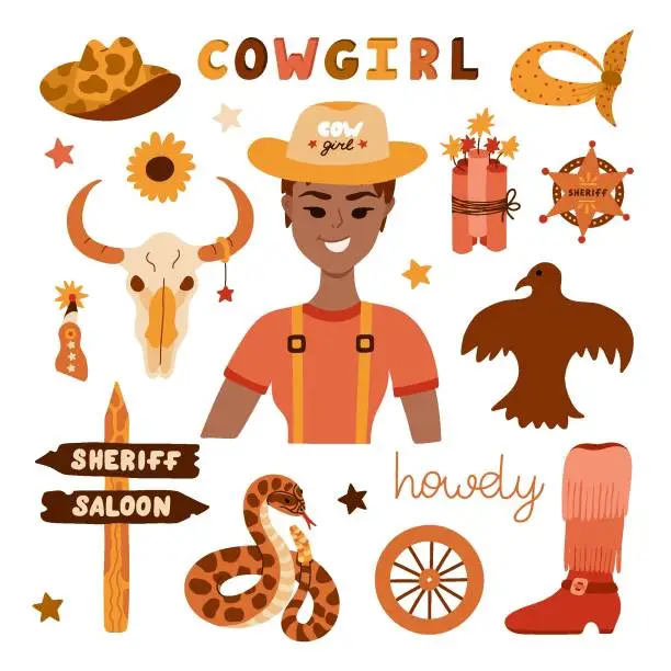 Vector illustration of Big cowgirl set in trendy flat style. Hand drawn simple vector illustration with western boots, hat, snake, cactus, bull skull, sheriff badge star. Cowboy theme with symbols of Texas and Wild West