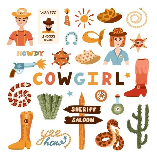 Vector illustration of Big cowgirl set in trendy flat style. Hand drawn simple vector illustration with western boots, hat, snake, cactus, bull skull, sheriff badge star. Cowboy theme with symbols of Texas and Wild West