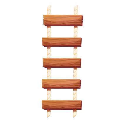 Set Wooden ladder with rope, planks hanging, staircase in cartoon style isolated on white background, Bridge, game road. Vector illustration
