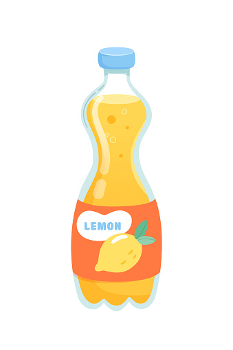 Lemon juice in glass bottle with label. Fruit fresh beverage package design isolated on white background. Refreshing summertime drink vector illustration.
